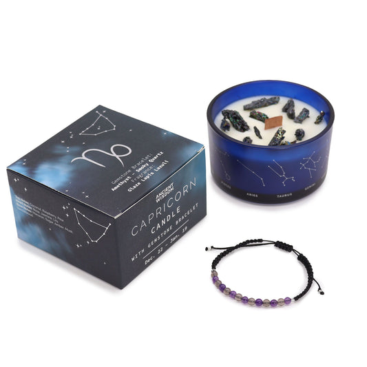 Vela del signo Capricornio con pulsera de piedras naturales – Amatista & Cuarzo Ahumado | namariKS