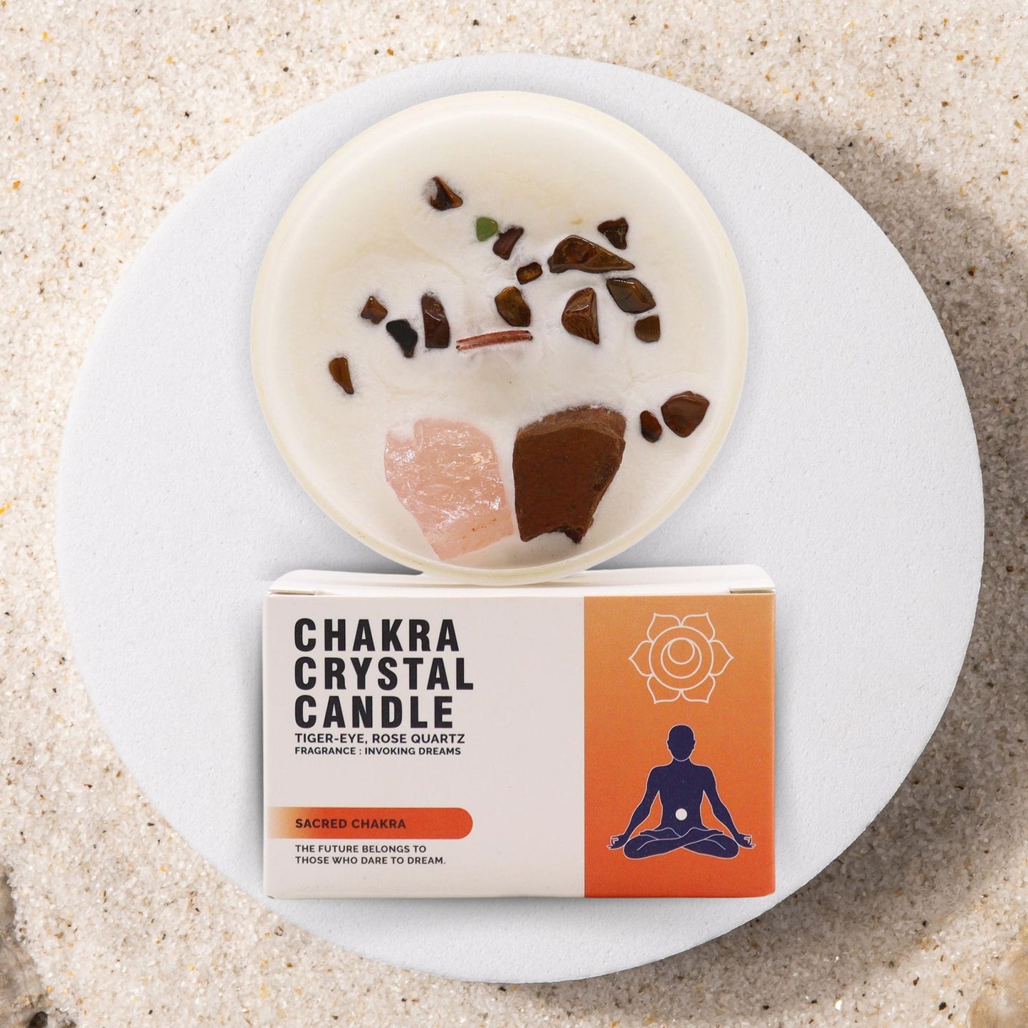 Vela del Chakra Sacro con piedras naturales – Ojo de Tigre & Cuarzo Rosa | namariKS