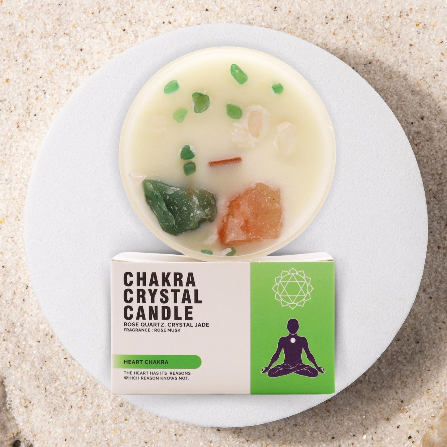 Vela del Chakra del Corazón con piedras naturales – Cuarzo Rosa & Jade Cristalino | namariKS
