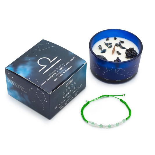 Vela del signo Libra con pulsera de piedras naturales – Aventurina verde, Ópalo & Cuarzo rosa | namariKS