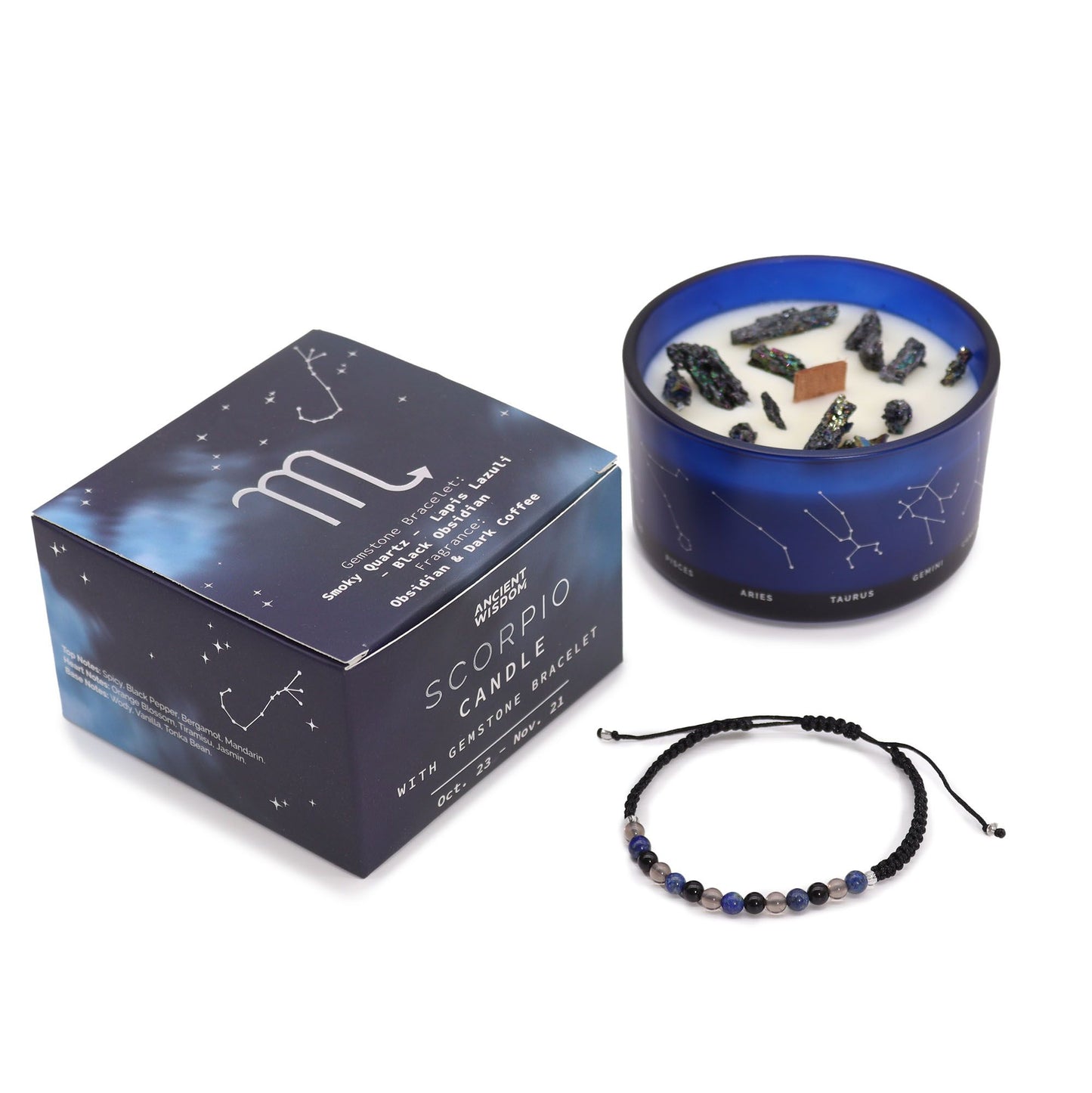 Vela del signo Escorpio con pulsera de piedras naturales – Cuarzo ahumado, Lapislázuli & Obsidiana negra | namariKS