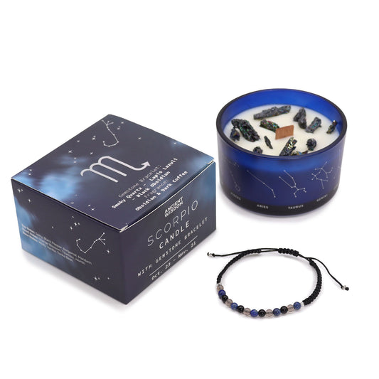 Vela del signo Escorpio con pulsera de piedras naturales – Cuarzo ahumado, Lapislázuli & Obsidiana negra | namariKS