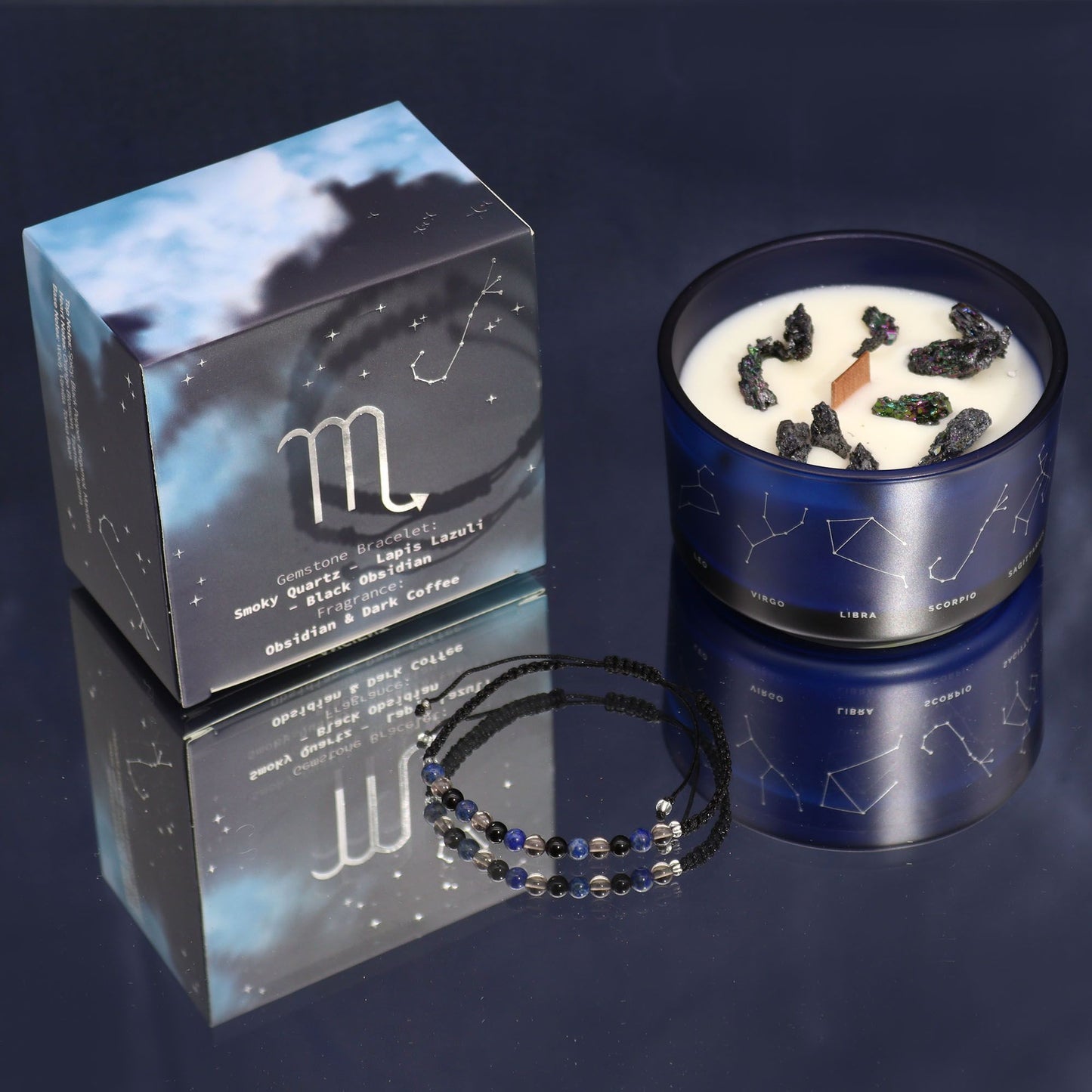 Vela del signo Escorpio con pulsera de piedras naturales – Cuarzo ahumado, Lapislázuli & Obsidiana negra | namariKS