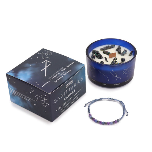 Vela del signo Sagitario con pulsera de piedras naturales – Amatista, Sodalita & Obsidiana negra | namariKS
