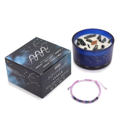 Vela del signo Acuario con pulsera de piedras naturales – Amethyst, Lapis & Hematite | namariKS