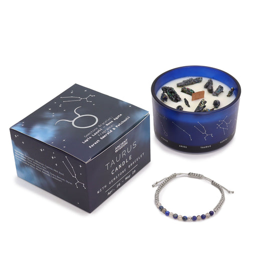 Vela del signo Tauro con pulsera de piedras naturales – Lapislázuli & Ágata musgo | namariKS