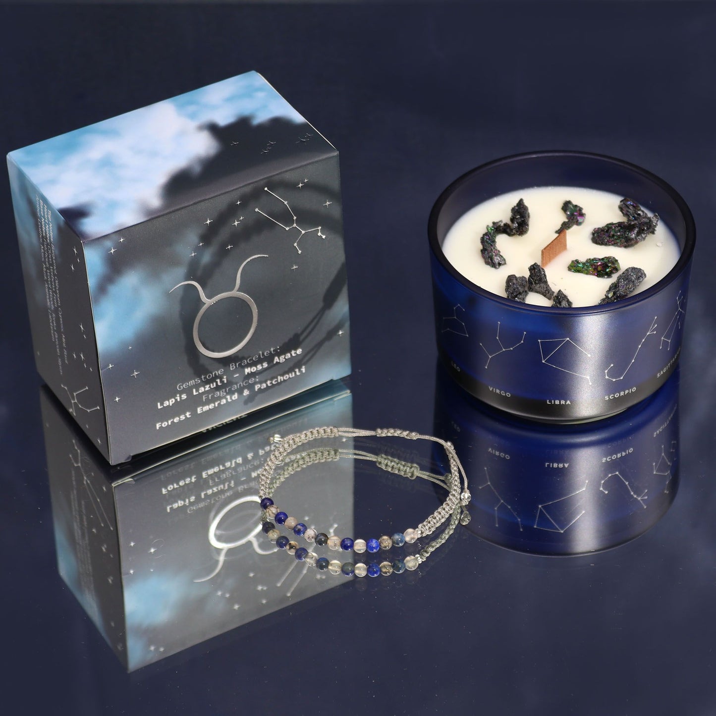 Vela del signo Tauro con pulsera de piedras naturales – Lapislázuli & Ágata musgo | namariKS