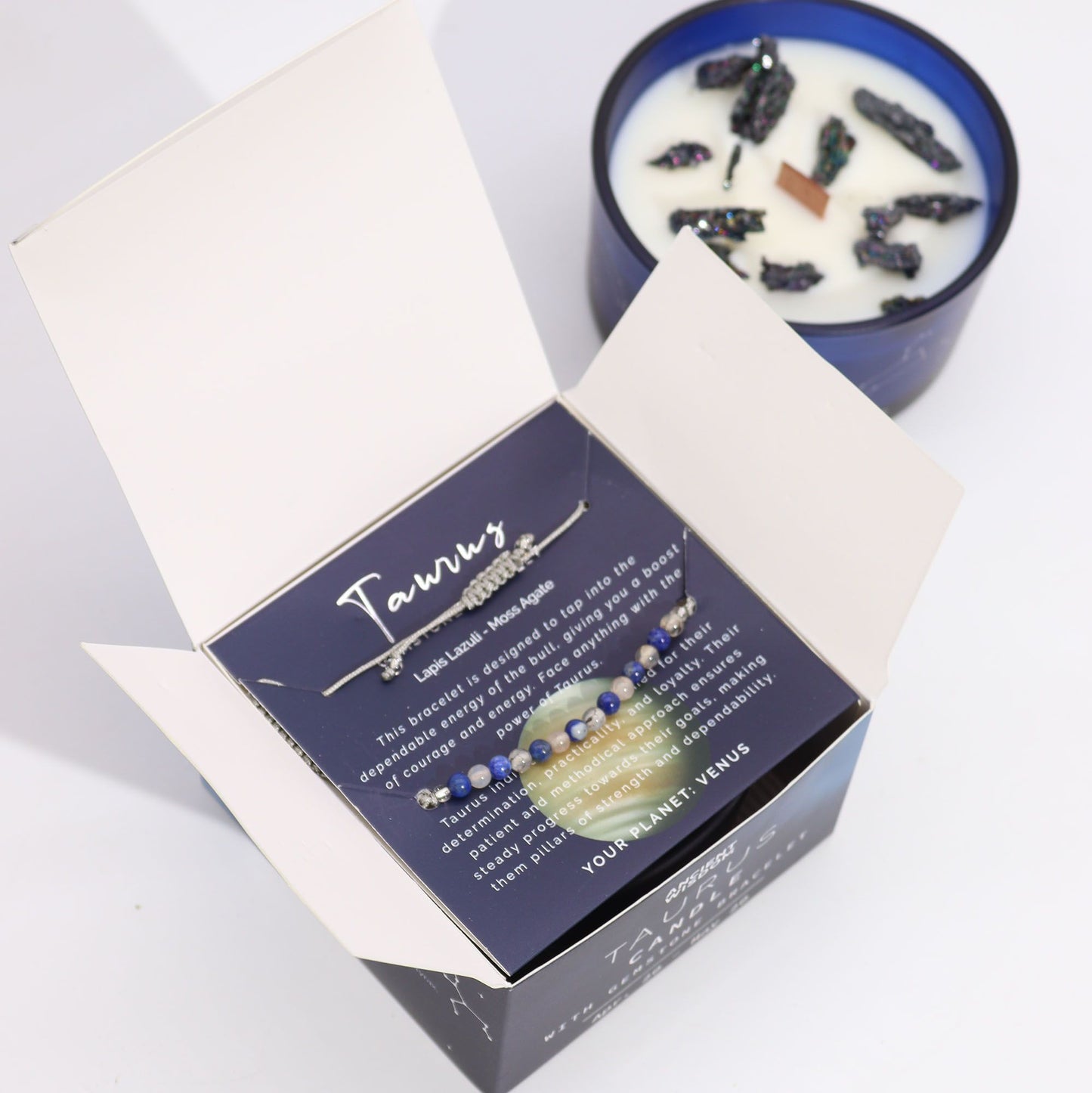 Vela del signo Tauro con pulsera de piedras naturales – Lapislázuli & Ágata musgo | namariKS