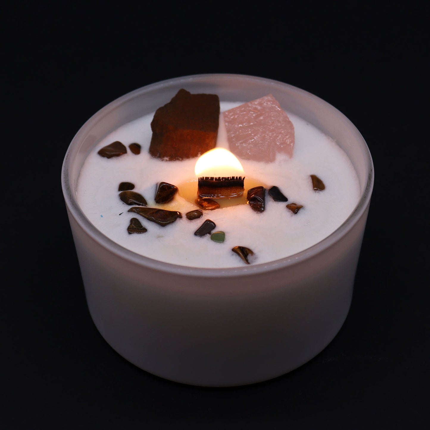 Vela del Chakra Sacro con piedras naturales – Ojo de Tigre & Cuarzo Rosa | namariKS