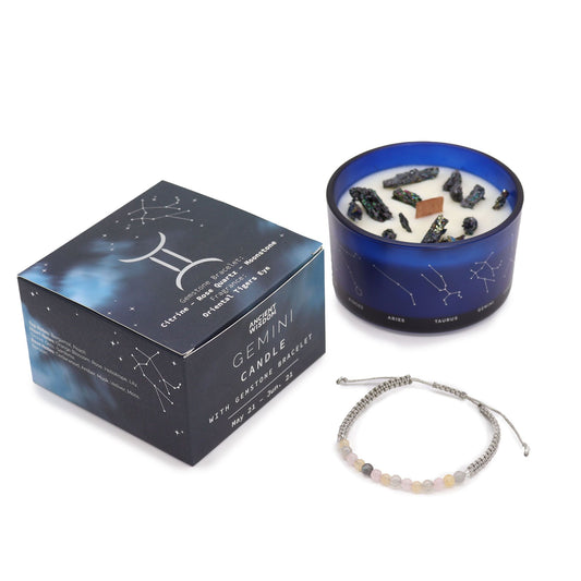 Vela del signo Géminis con pulsera de piedras naturales – Citrino, Cuarzo rosa & Piedra lunar | namariKS