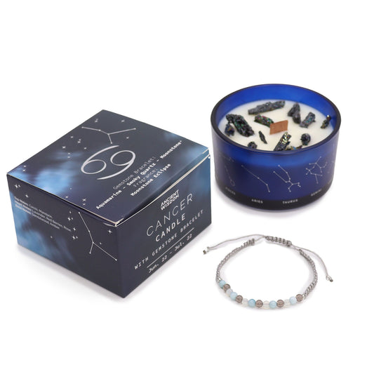 Vela del signo Cáncer con pulsera de piedras naturales – Aguamarina, Cuarzo ahumado & Piedra luna | namariKS