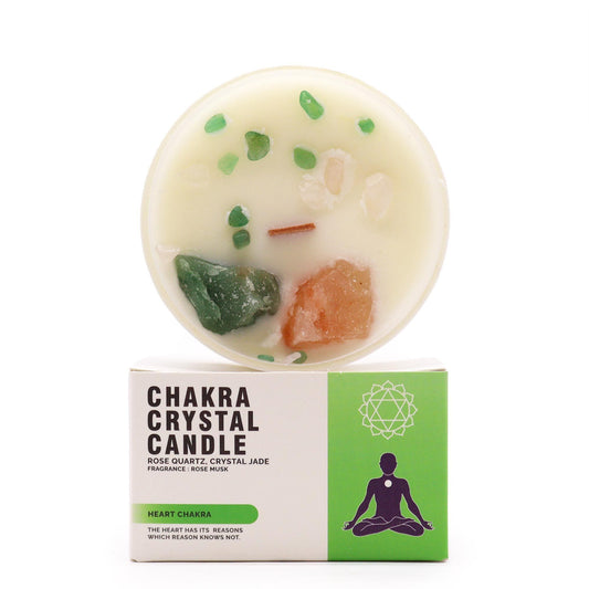 Vela del Chakra del Corazón con piedras naturales – Cuarzo Rosa & Jade Cristalino | namariKS