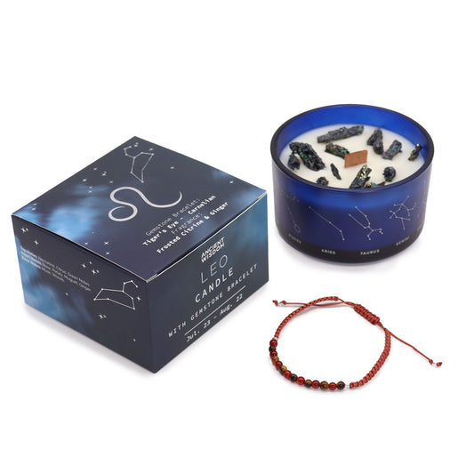 Vela del signo Leo con pulsera de piedras naturales – Ojo de tigre & Cornalina | namariKS