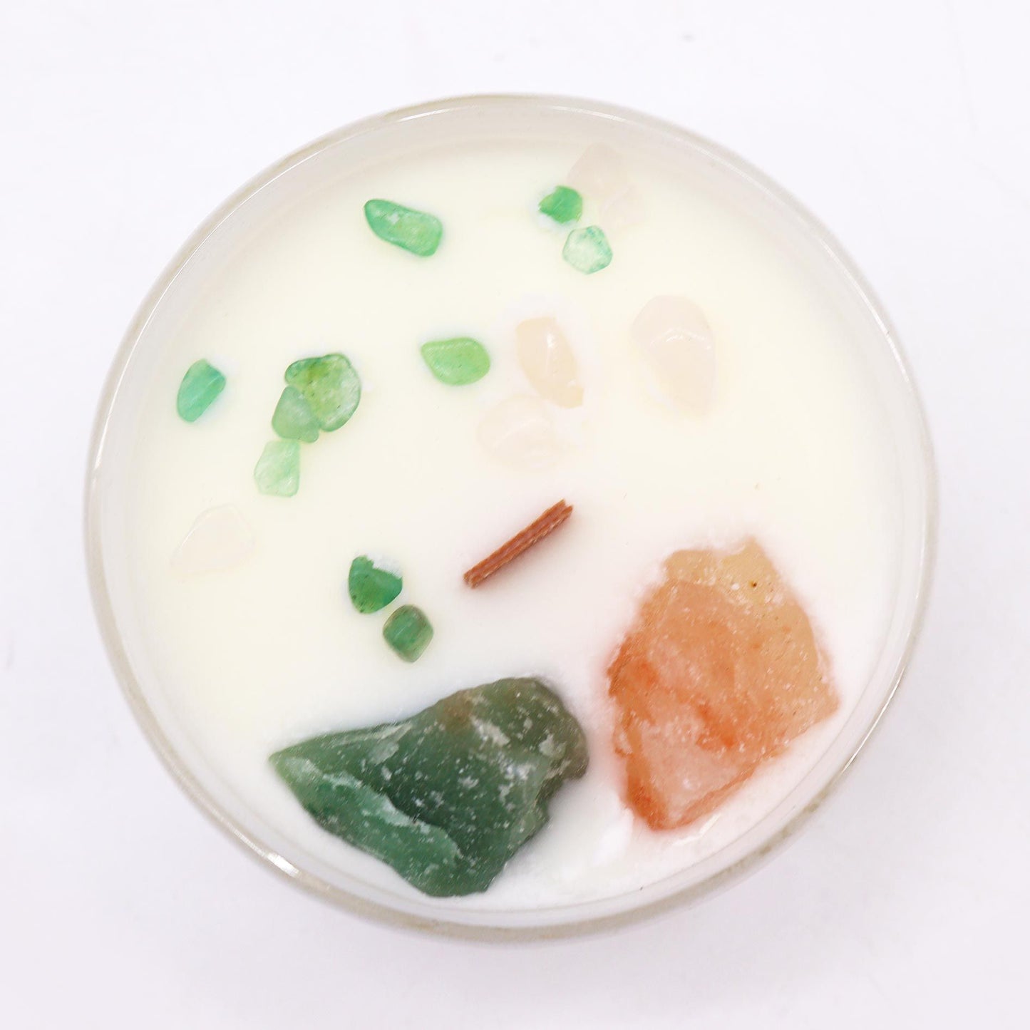 Vela del Chakra del Corazón con piedras naturales – Cuarzo Rosa & Jade Cristalino | namariKS