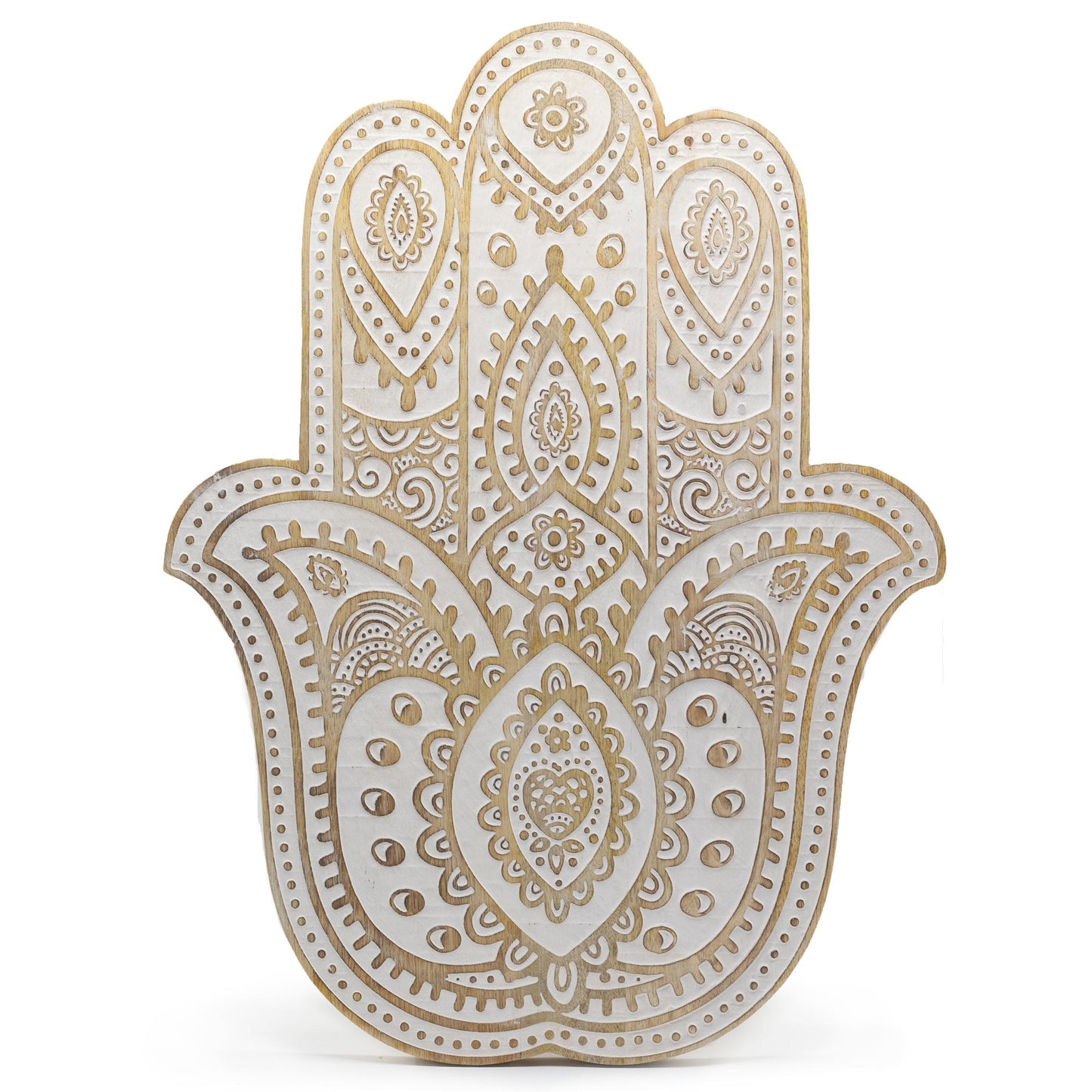 Placa de pared Mano de Hamsa en madera de Mango - Blanco