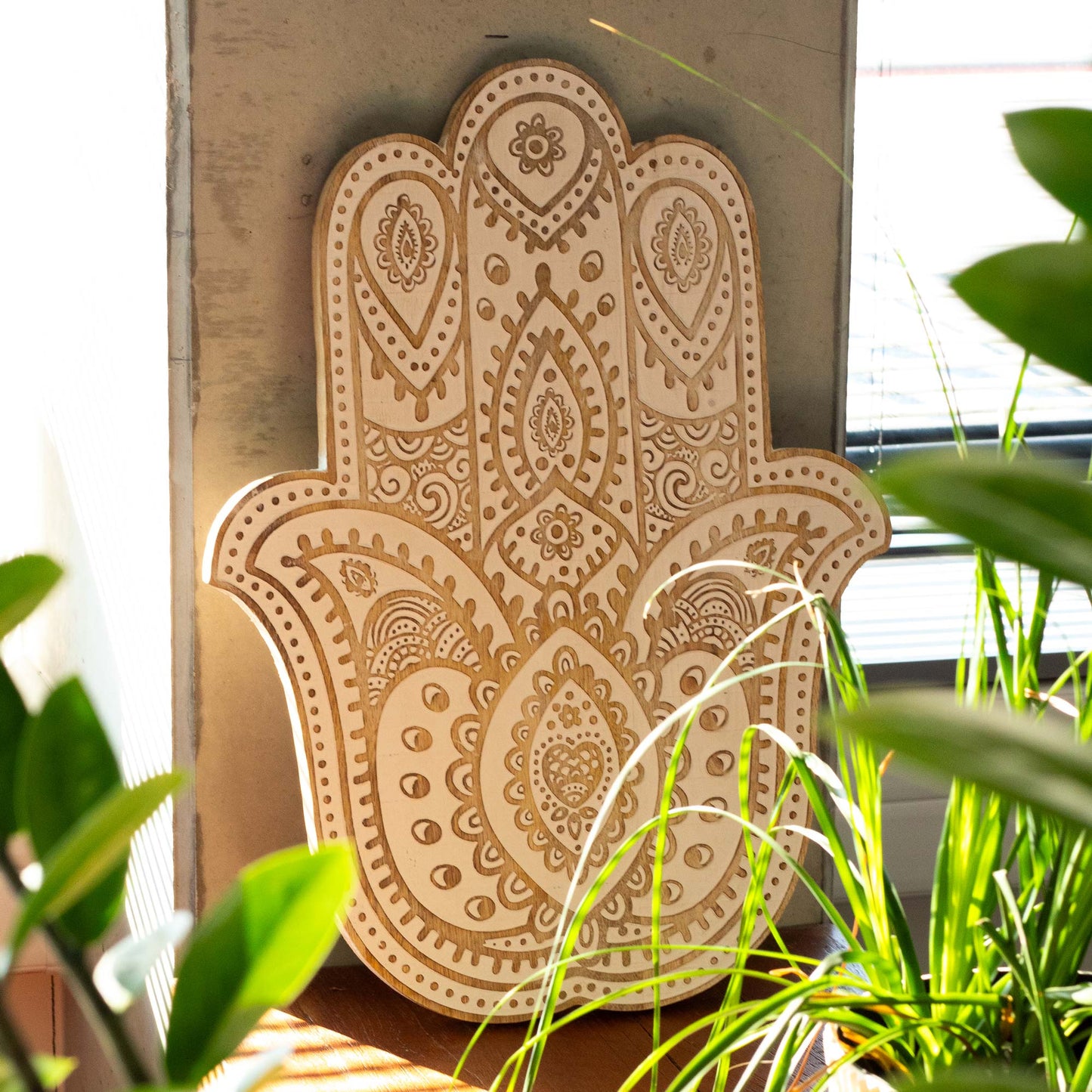 Placa de pared Mano de Hamsa en madera de Mango - Blanco