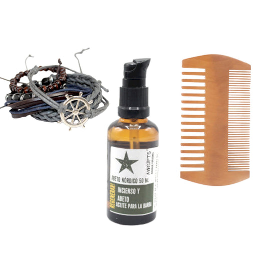 Kit Cuidado de Barba – Aceite, Peine y Pulsera Artesanal