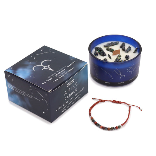 Vela del signo Aries con pulsera de piedras naturales – Red Jasper, Bloodstone & Hematite | namariKS