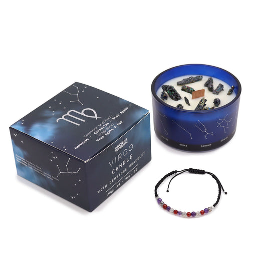 Vela del signo Virgo con pulsera de piedras naturales – Amatista, Cornalina & Ágata musgo | namariKS
